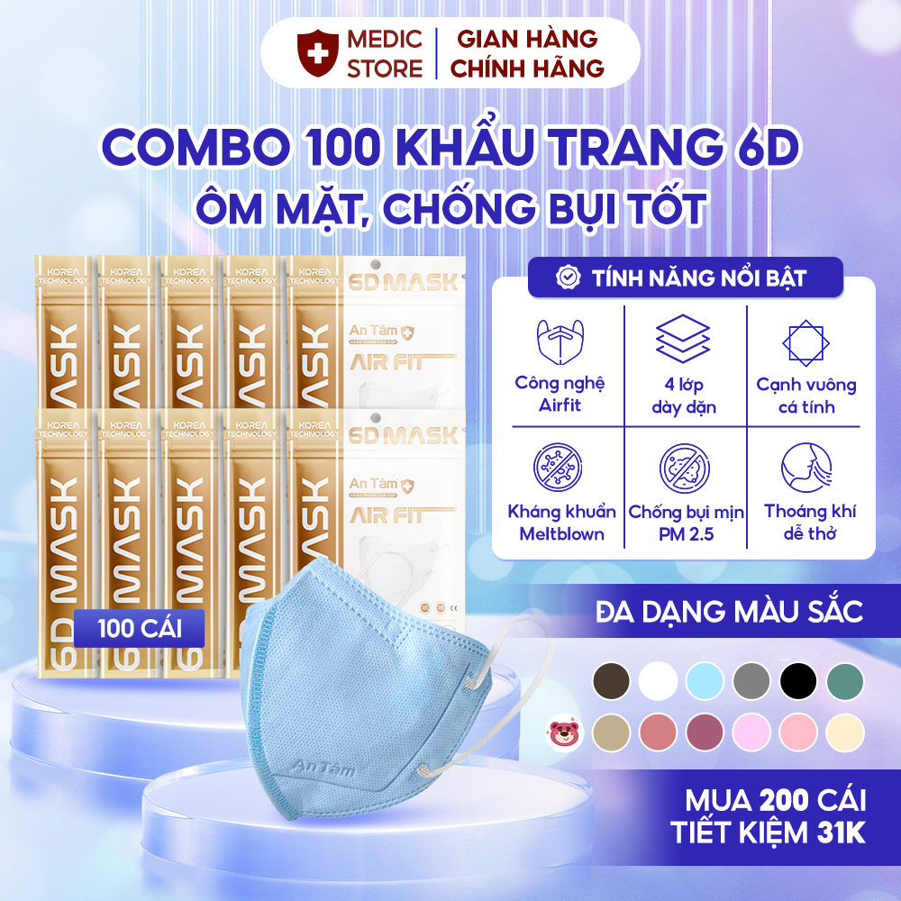 Set 100 cái Khẩu trang 6D An Tâm chính hãng 4 lớp kháng khuẩn, công nghệ Hàn Quốc