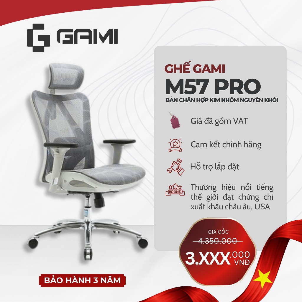 Ghế công thái học M57 phiên bản chân hợp kim nhôm nguyên khối chống rỉ phân phối bởi GAMI