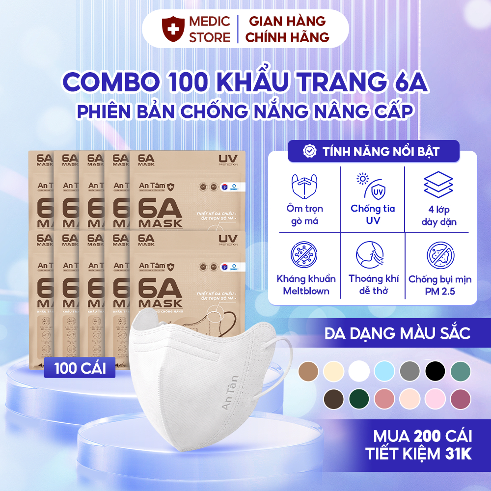 Set 100 chiếc khẩu trang 6A An Tâm chống nắng chính hãng 4 lớp kháng khuẩn kiểu dáng thời trang