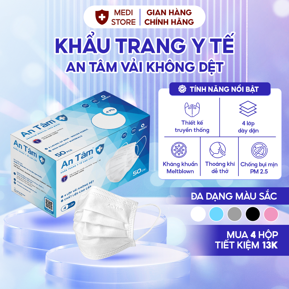 Hộp 50 cái Khẩu trang y tế An Tâm chính hãng 4 lớp vải không dệt, ngăn khói bụi freesize