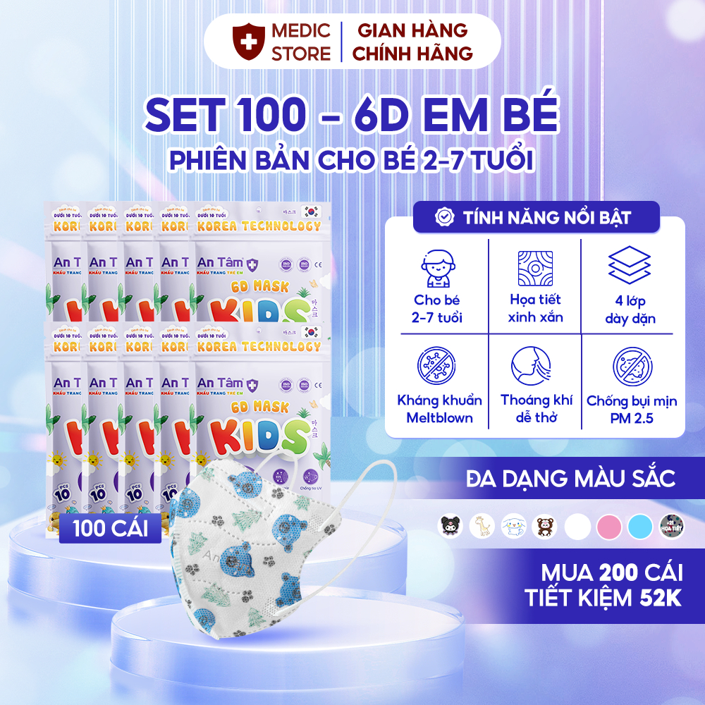 Set 100 cái Khẩu trang 6D bé An Tâm chính hãng, 4 lớp kháng khuẩn dành cho bé 2-8 tuổi