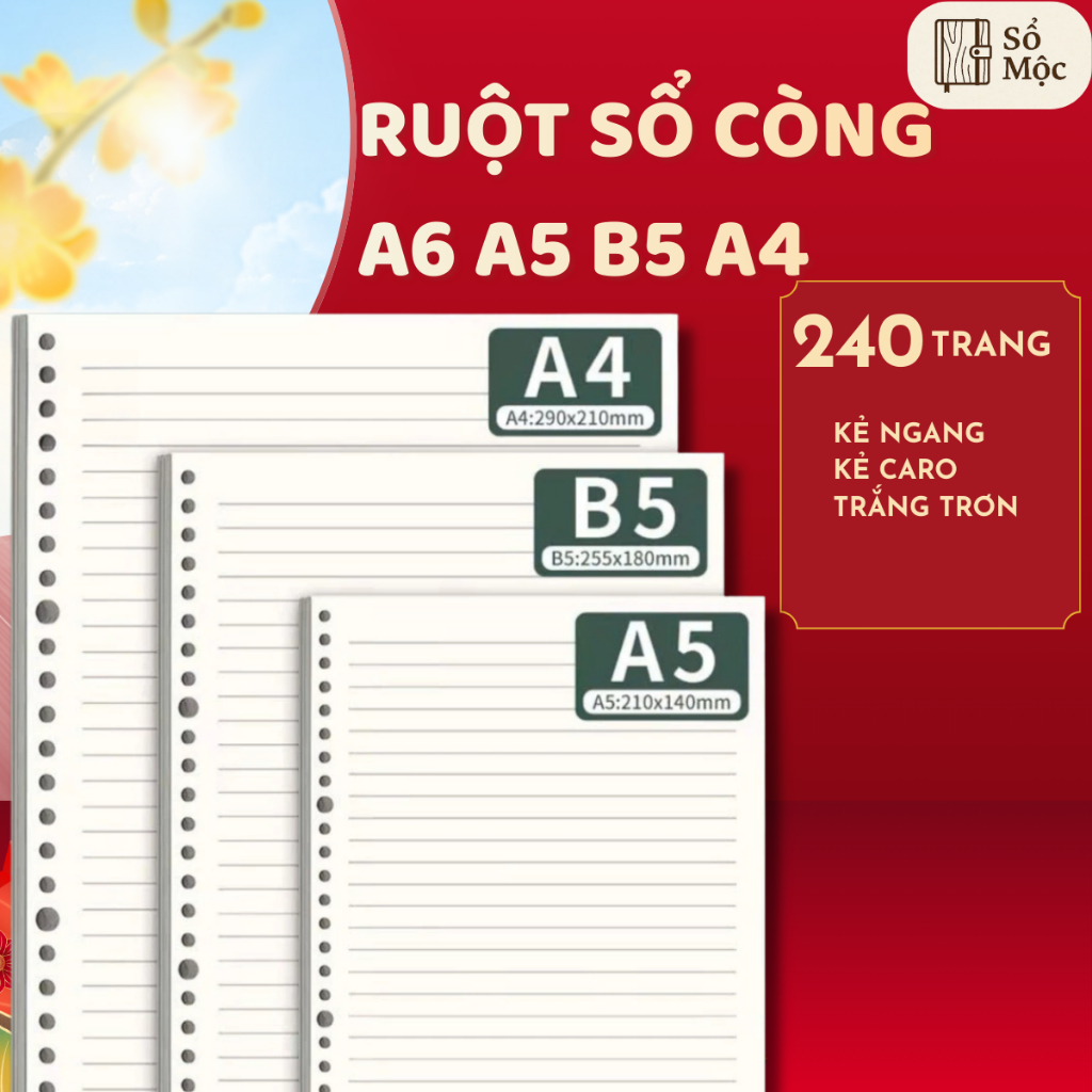 Ruột sổ còng A5 B5 A4 kẻ ngang kẻ caro vuông sổ planner bullet journal chống loá