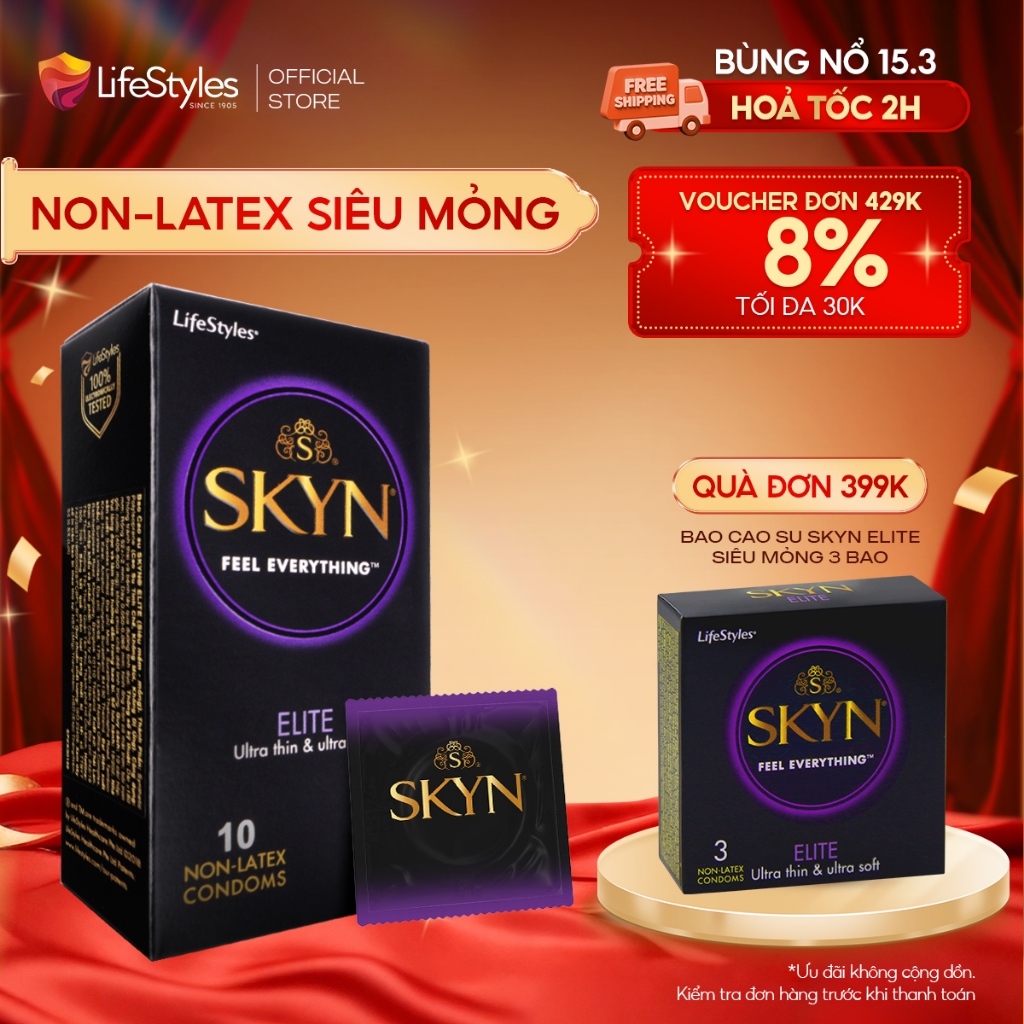 Bao cao su LifeStyles SKYN non-latex siêu mềm siêu mỏng nhiều gel bôi trơn hộp 3 bcs/10 bcs