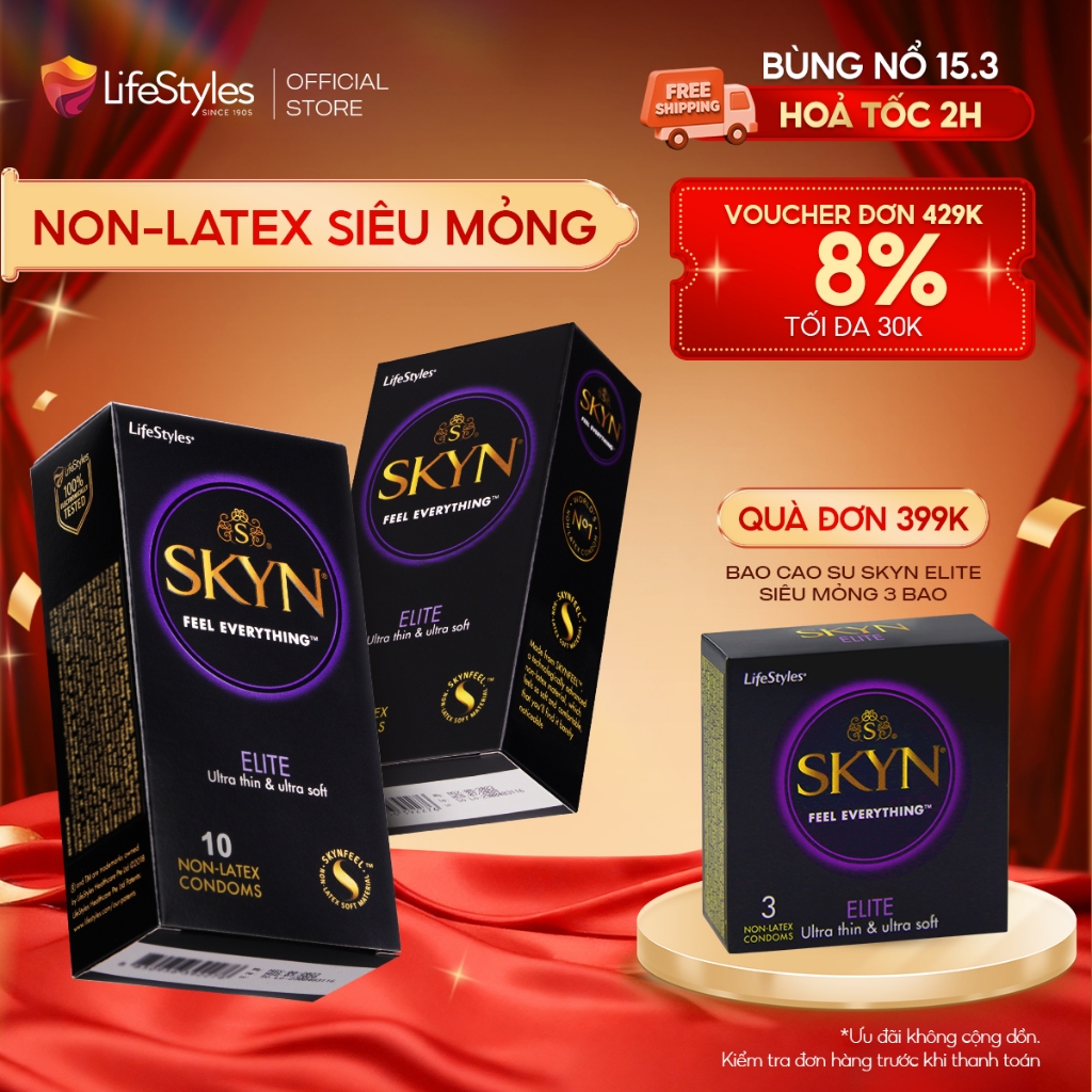 [CB 2Hộp] Bao cao su Lifestyles SKYN nonlatex siêu mỏng nhiều gel bôi trơn hộp 10 bcs