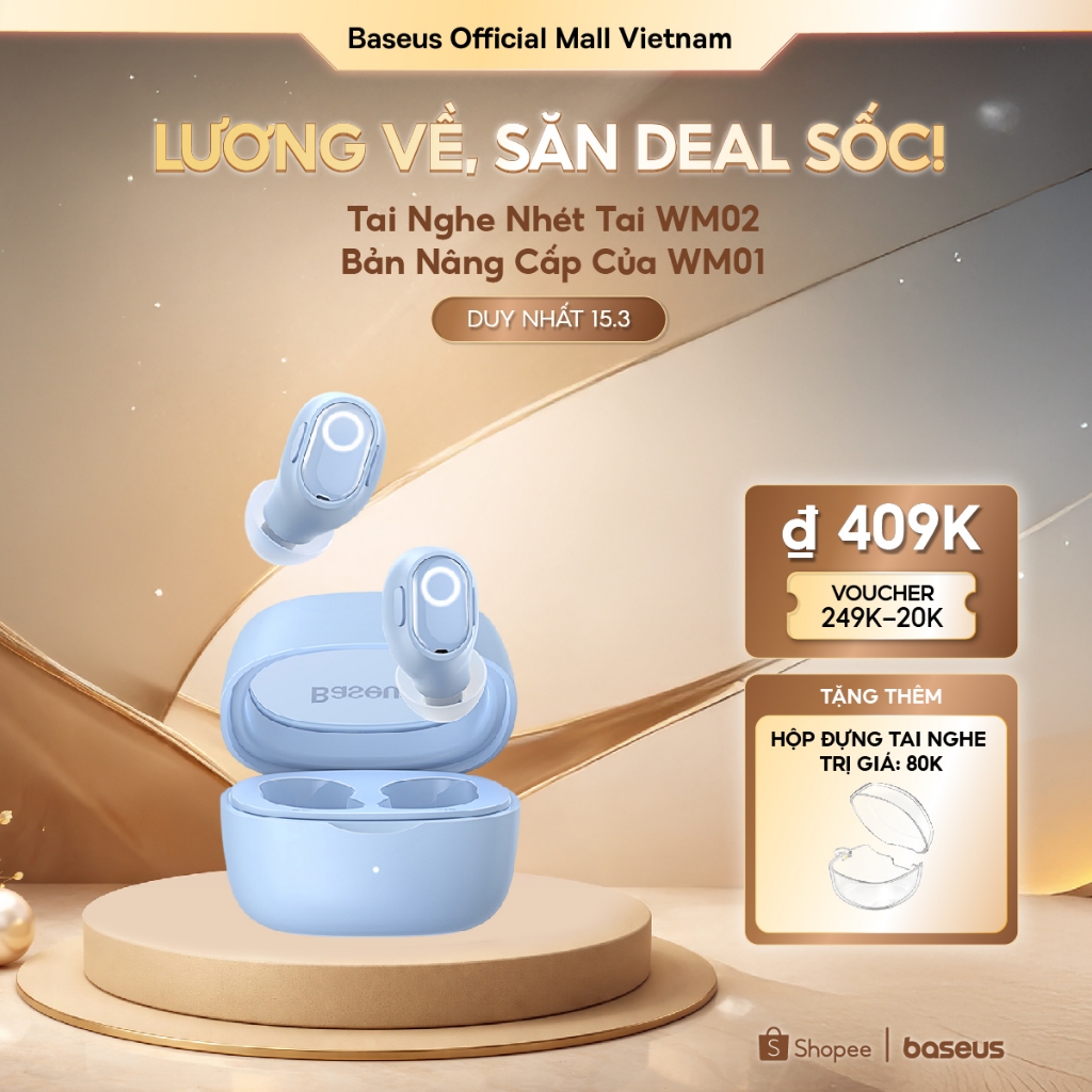 Tai nghe nhét tai không dây BASEUS WM02 bluetooth 5.3 TWS chống ồn thời lượng pin lên đến 25 giờ | BigBuy360 - bigbuy360.vn