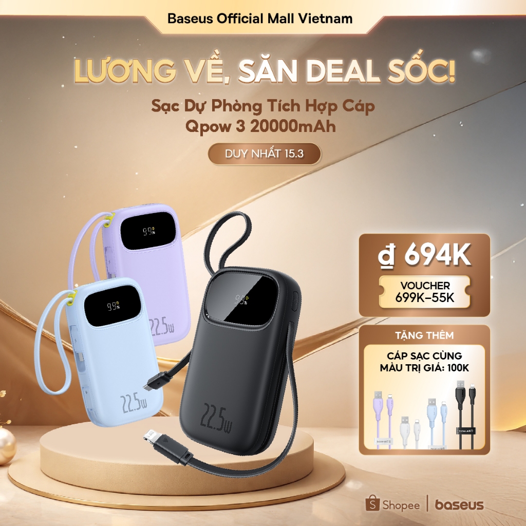 【Chứng chỉ 3C】Baseus Qpow3 Pin Dự Phòng 20000mAh/10000mAh PD22.5W Màn Số LED Cáp Kép Sạc Nhanh 2 Thiết Bị Nhỏ Gọn Bỏ Túi