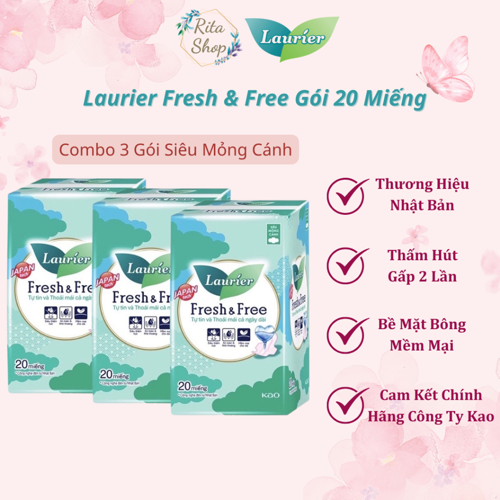 [COMBO 3 GÓI BVS] Băng Vệ Sinh Laurier Fresh & Free Ban Ngày Siêu Mỏng Cánh 22cm 20 Miếng