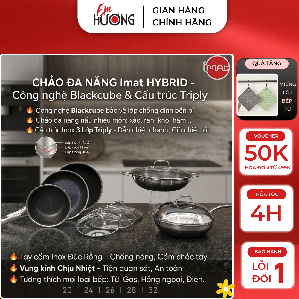 Chảo Đa Năng iMat Hybrid Ceramic Blackcube Inox 3 Lớp Triply Kèm Vung Kính, Chảo Xào Chống Dính Dùng