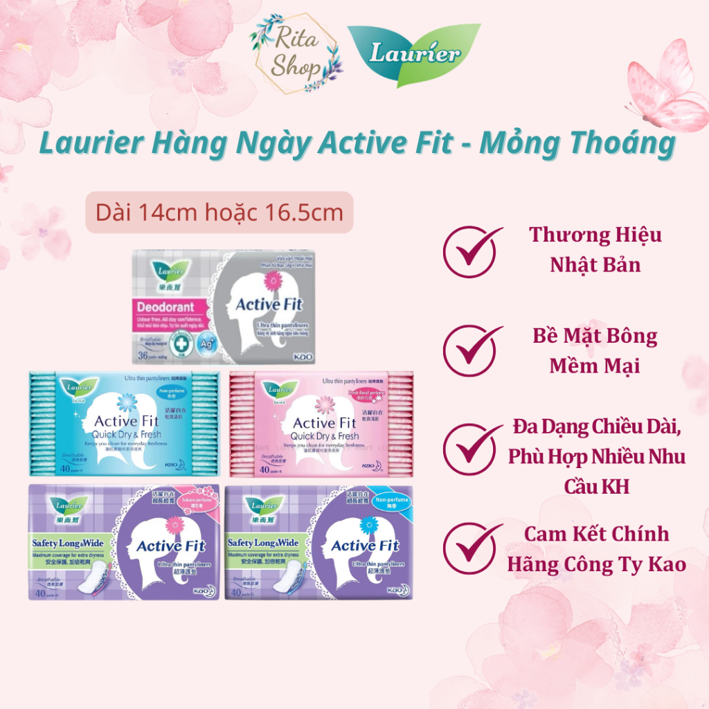 Băng Vệ Sinh Hàng Ngày Laurier Active Fit Siêu Mỏng Khô Thoáng Không Hương/ Hương Hoa/ Trái Cây/ Phân Tử Bạc 40 Miếng