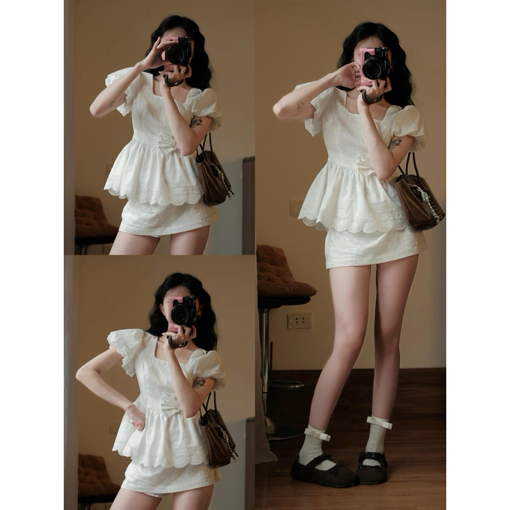 Set 2 Chi Tiết”BELLA” Áo Babydoll Peplum Tay Bồng Ren Xô Boi Nơ Eo viền ren lượn sóng mix chân váy chữ A siêu xinh | BigBuy360 - bigbuy360.vn