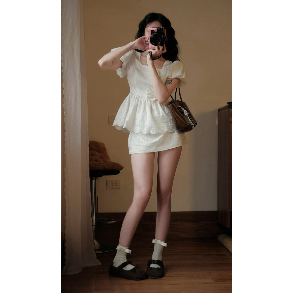 Set 2 Chi Tiết”BELLA” Áo Babydoll Peplum Tay Bồng Ren Xô Boi Nơ Eo viền ren lượn sóng mix chân váy chữ A siêu xinh | BigBuy360 - bigbuy360.vn