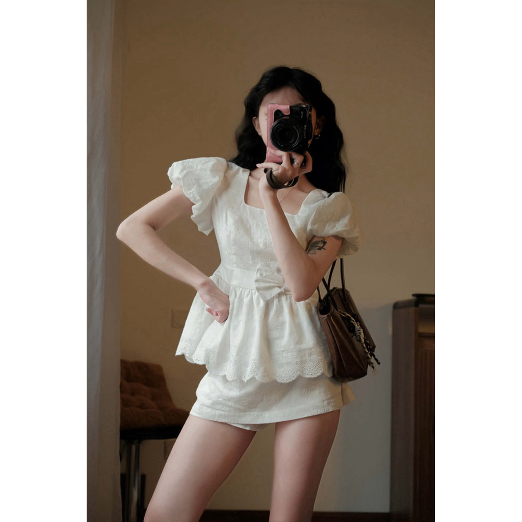Set 2 Chi Tiết”BELLA” Áo Babydoll Peplum Tay Bồng Ren Xô Boi Nơ Eo viền ren lượn sóng mix chân váy chữ A siêu xinh | BigBuy360 - bigbuy360.vn
