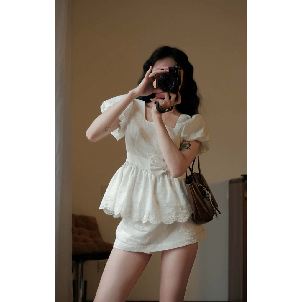 Set 2 Chi Tiết”BELLA” Áo Babydoll Peplum Tay Bồng Ren Xô Boi Nơ Eo viền ren lượn sóng mix chân váy chữ A siêu xinh | BigBuy360 - bigbuy360.vn