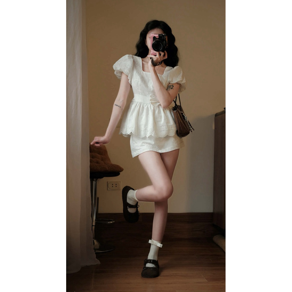 Set 2 Chi Tiết”BELLA” Áo Babydoll Peplum Tay Bồng Ren Xô Boi Nơ Eo viền ren lượn sóng mix chân váy chữ A siêu xinh | BigBuy360 - bigbuy360.vn