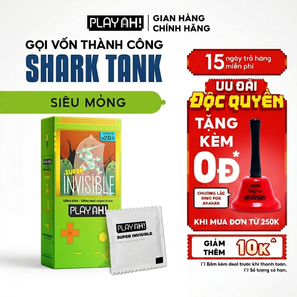 Bao Cao Su PlayAh Super Invisible Siêu Mỏng Hộp 3/10 size 52mm, nhiều gel, truyền nhiệt