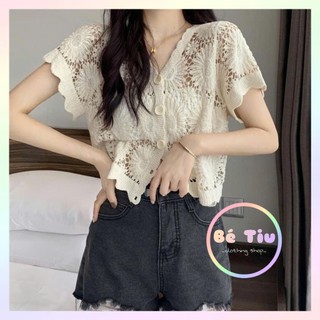 Áo Cardigan Dệt Kim Thêu Tay Ngắn Móc Rỗng Họa Tiết Hoa Thời Trang Dành Cho Nữ Áo Khoác Ngoài Phong Cách Dân Tộc Bé Tiu