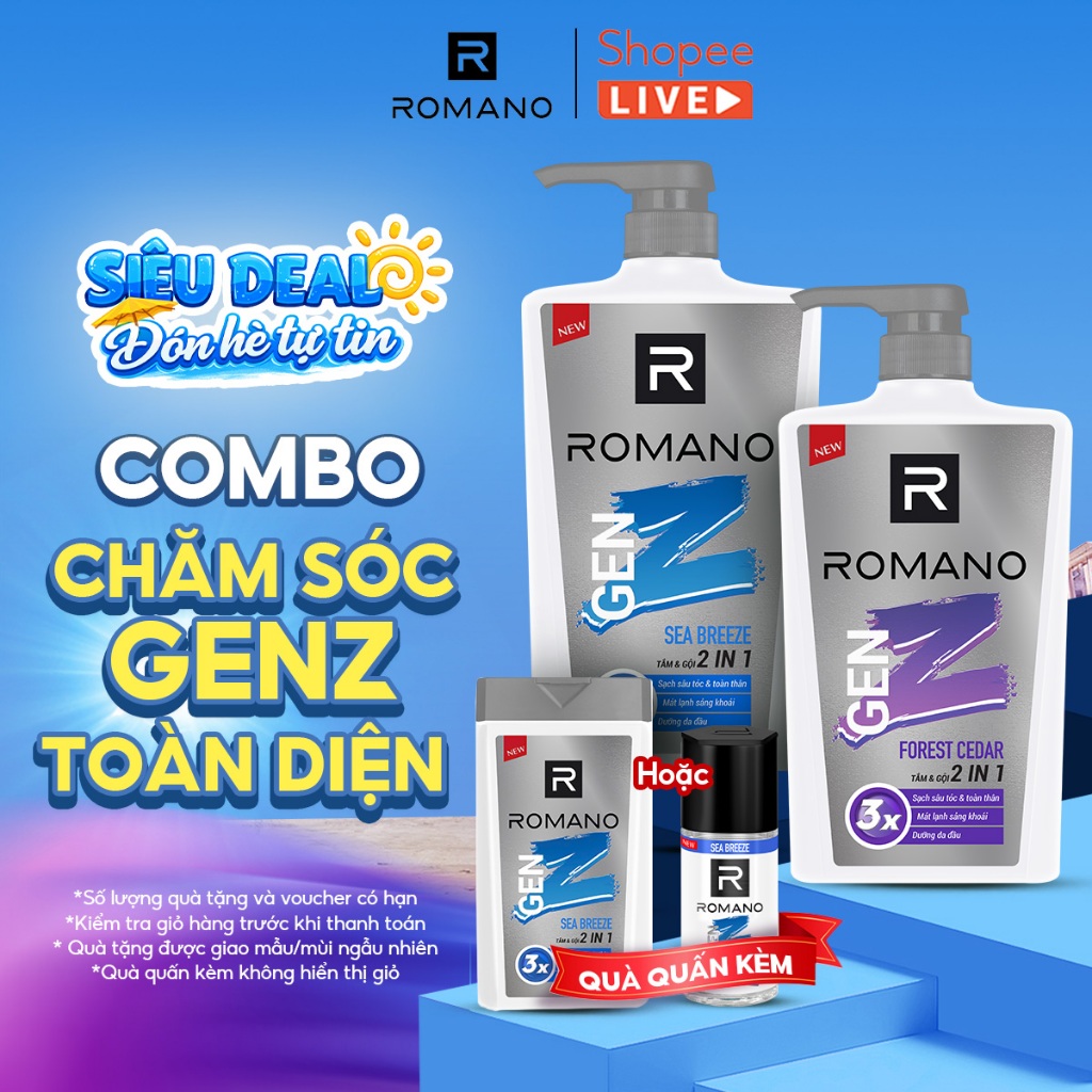 [TẶNG Chai 150G] Tắm/ Dầu gội nam 2in1 Romano Gen Z Hương Forest Cedar/ Sea Breeze 610g (tặng ngẫu nhiên) - LIVE