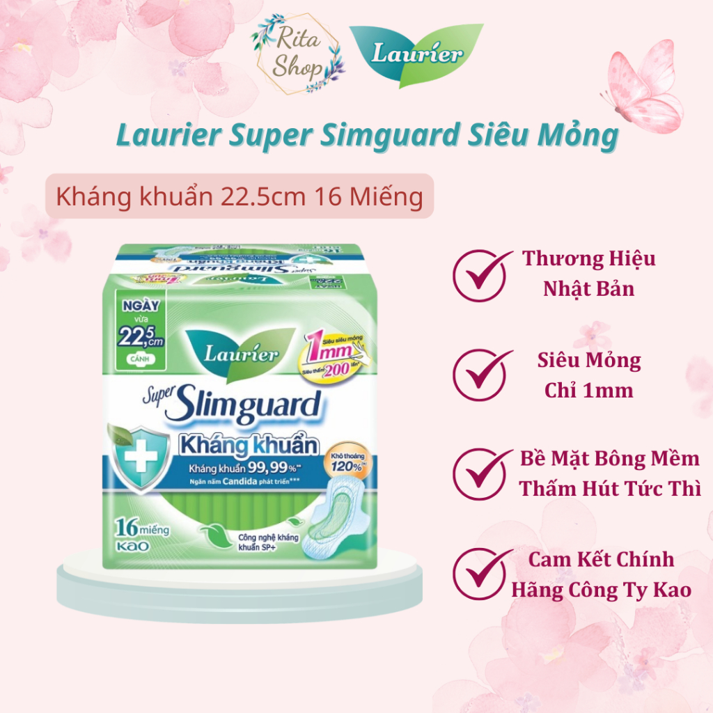 Băng Vệ Sinh Laurier Super SlimGuard Kháng Khuẩn Siêu Mỏng Cánh 1mm 22.5cm 16 Miếng