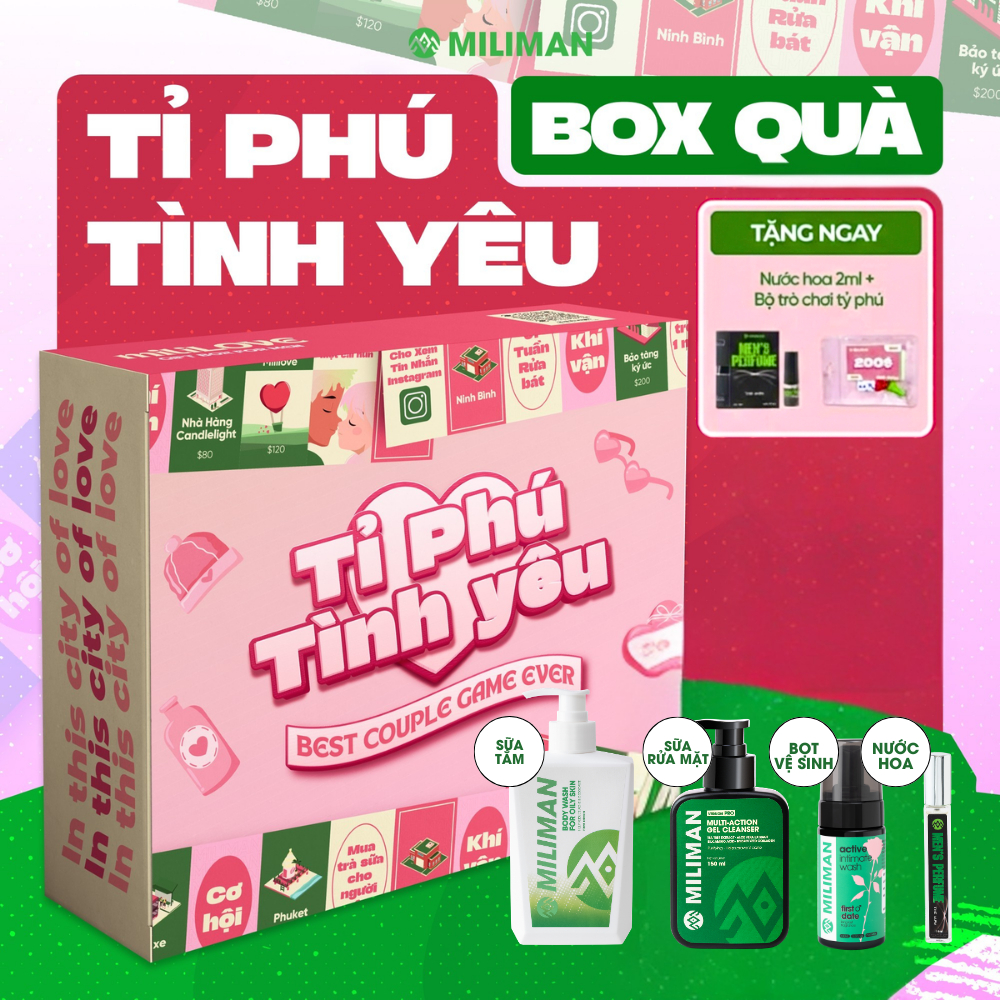 Quà Tặng Nam Box Tỷ Phú Tình Yêu miliLOVE | Quà Valentine Tặng Hộp, Nước Hoa 2ml, Bộ Cờ Cặp Đôi