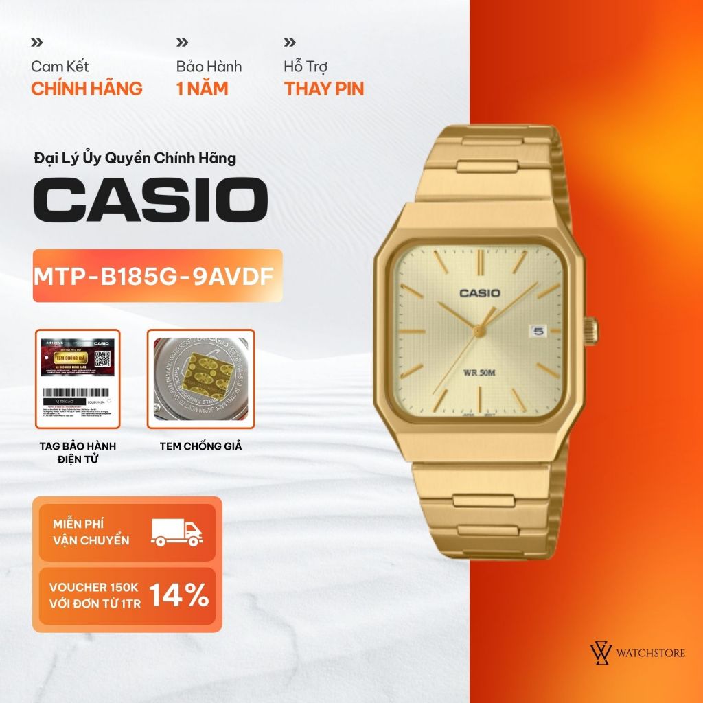 Đồng Hồ Nam Casio MTP-B185G-9AVDF Dây Kim Loại Không Gỉ Mạ Vàng Mặt Kính Khoáng 40x32.5mm Kháng Nước