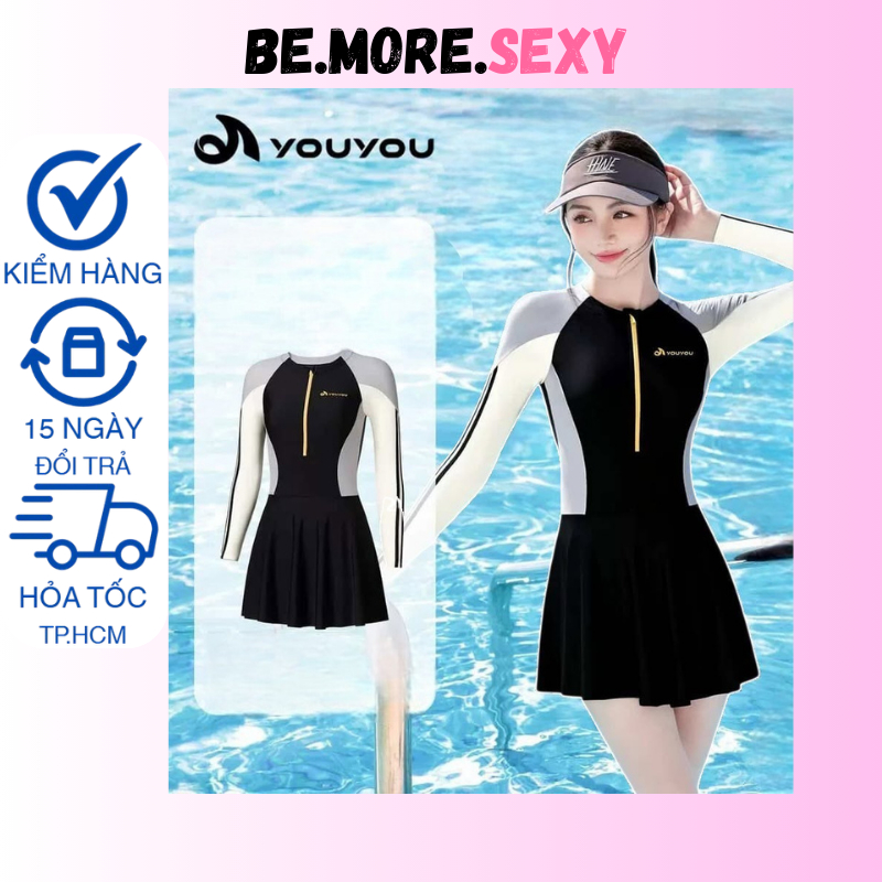 Đồ bơi nữ dài tay liền váy short kín đáo phong cách Hàn Quốc | BigBuy360 - bigbuy360.vn