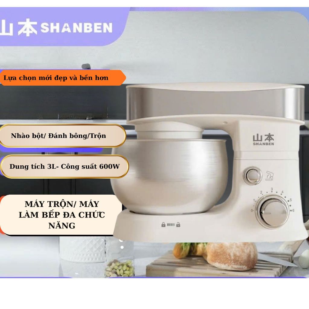 Máy nhào bột,trộn bột,trộn thịt đánh trứng,kem,bơ SHANBEN inox 304 size lớn 3L-3 trong 1 tự động dùng cho gia đình