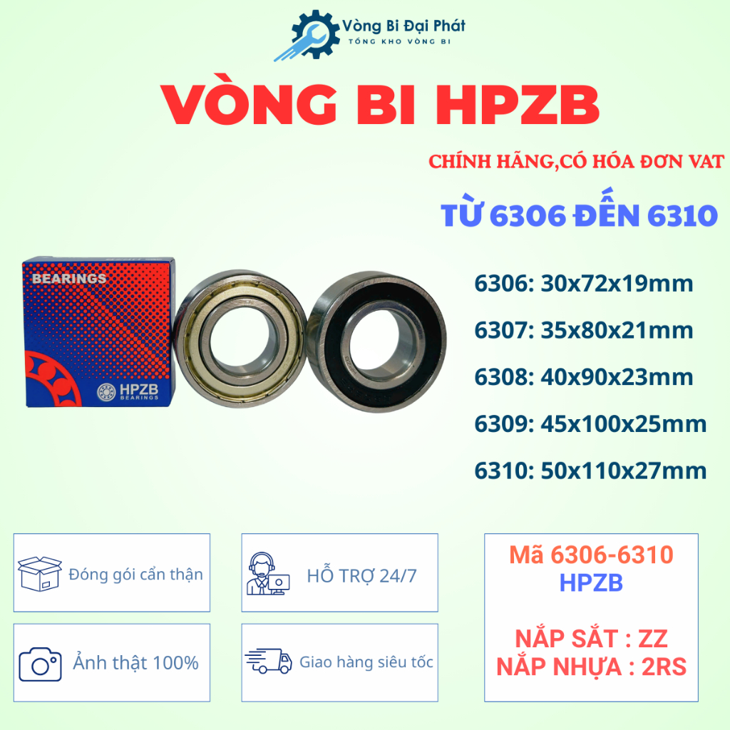 Vòng Bi HPZB 6306, 6307, 6308, 6309, 6310 Chính Hãng Có Hóa Đơn VAT—Bạc Đạn HPZB Hàng Japan Mới 100%