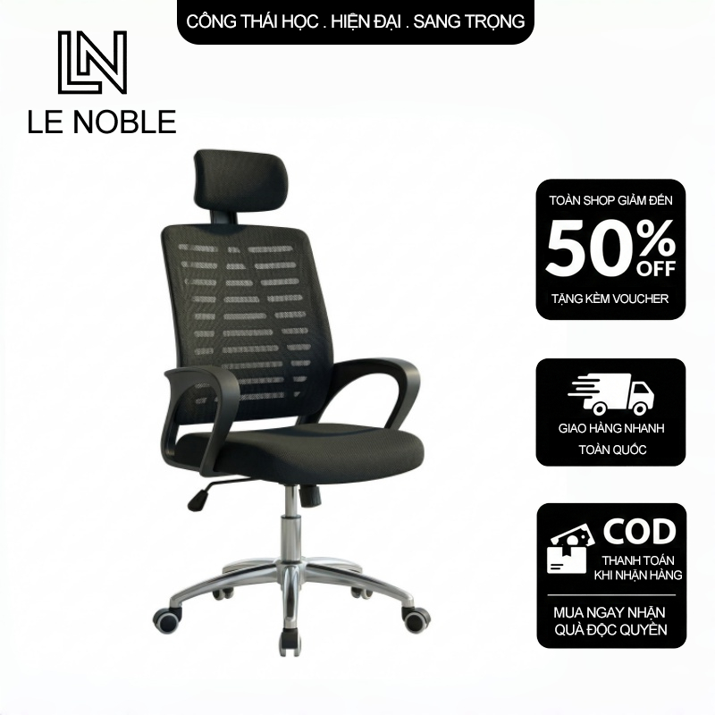 LE Ghế xoay làm việc tựa đầu công thái học chữ A chịu lực tốt đệm lưới siêu thoáng mát cao cấp