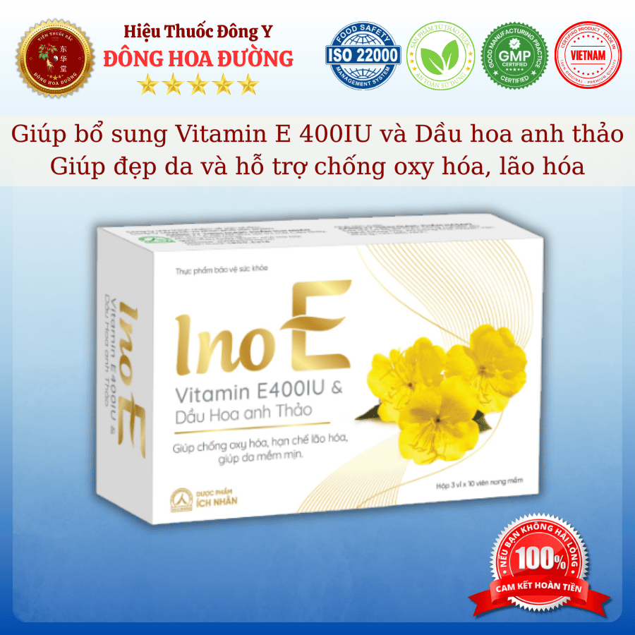 INO E (hộp 30 viên) - Vitamin E 400IU, Dầu hoa anh thảo giúp chống oxy hoá, hạn chế lão hoá, làm đẹp