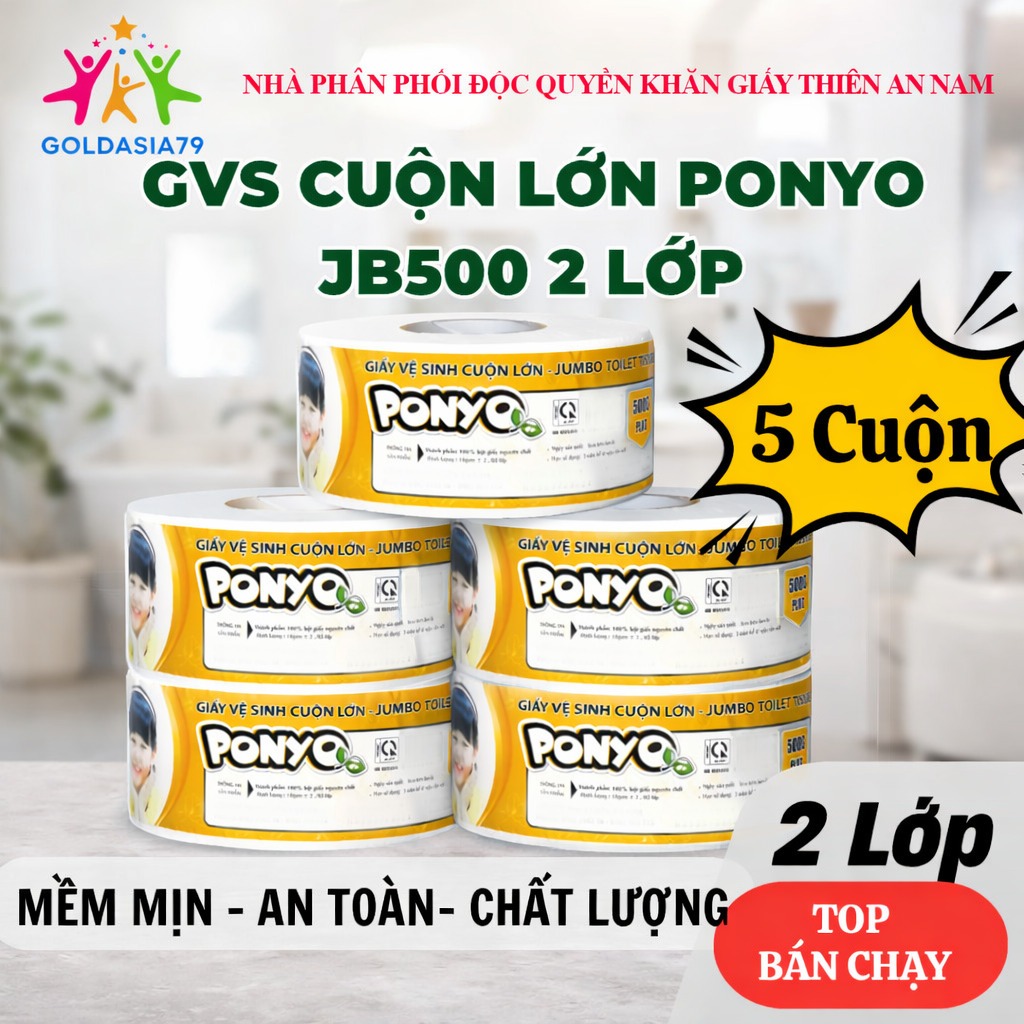Combo 5 Cuộn Giấy Vệ Sinh Cuộn Lớn Ponyo JB500 500g, 2 Lớp Mềm Mịn, Họa Tiết Caro, Thấm Hút Tốt – PO