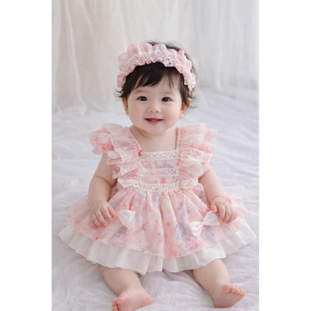 TẶNG QUẦN CHÍP và TURBAN, váy lolita cho bé gái từ 7-14kg, chất tơ thêu hoa 6D mềm mát/ LOLITA HỒNG 