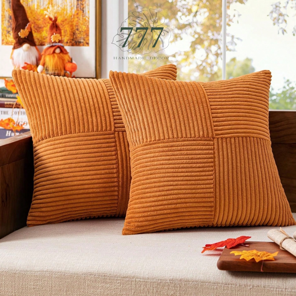 Vỏ gối trang trí sofa nhung gân dọc phối khối  45x45-Vỏ gối tựa lưng decor -777080