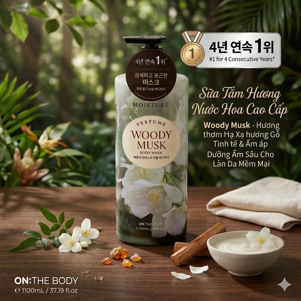 Sữa Tắm ON: THE BODY WOODY MUSK 1100ML – Hương Gỗ Sang Trọng [NHẬP KHẨU CHÍNH HÃNG FULL VAT]