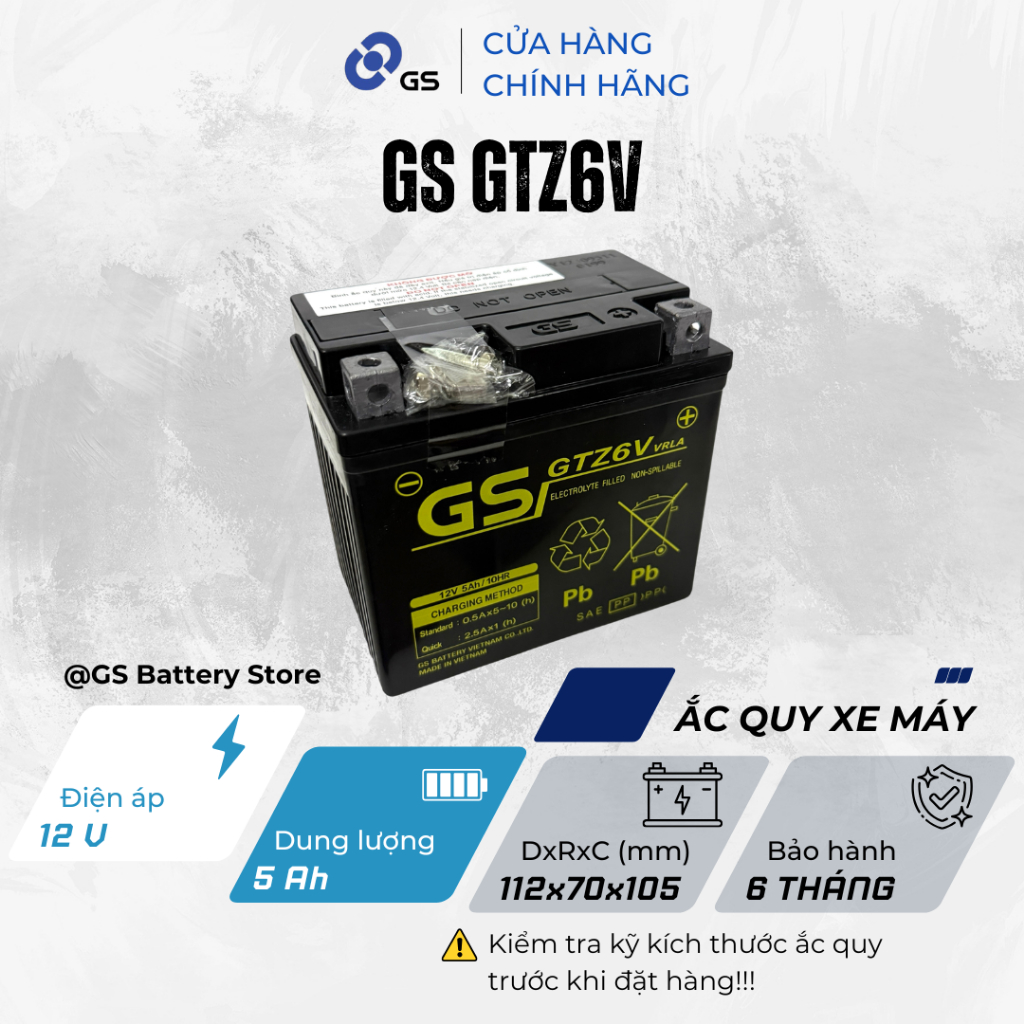 Bình ắc quy GS GTZ6V 12V 5Ah dùng cho xe máy Winner, Ab, Vision, Lead, PCX, Vario, SH - Siêu bền