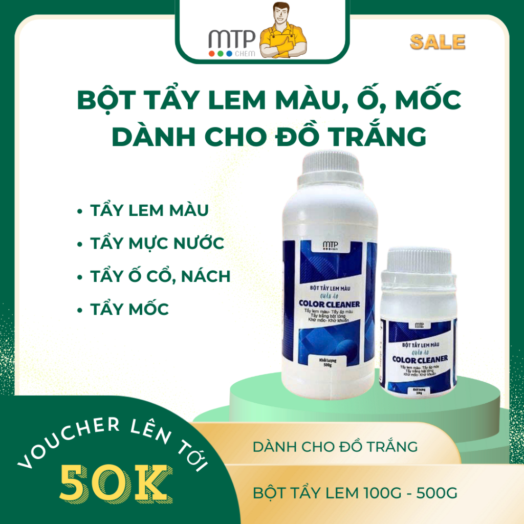 Bột tẩy quần áo vải màu trắng bị lem màu, mốc, ố vàng cổ/nách COLOUR CLEANER MTPChem