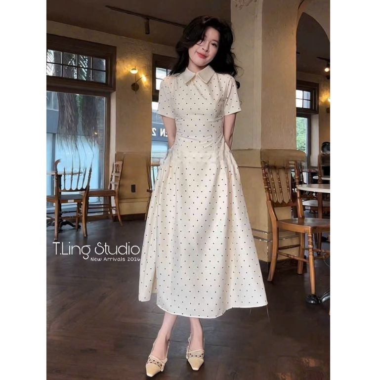 váy nữ sang chảnh,váy tiểu thư sang chảnh chấm bi cổ lá nhún eo xinh xắn hottrend cao cấp B58