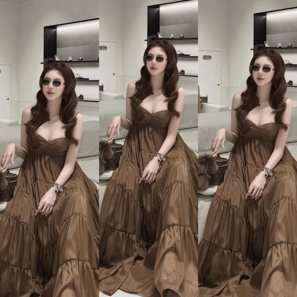 TRENDY- ĐẦM VÁY HAI DÂY DÁNG MAXI CAO CẤP NÂU MPB