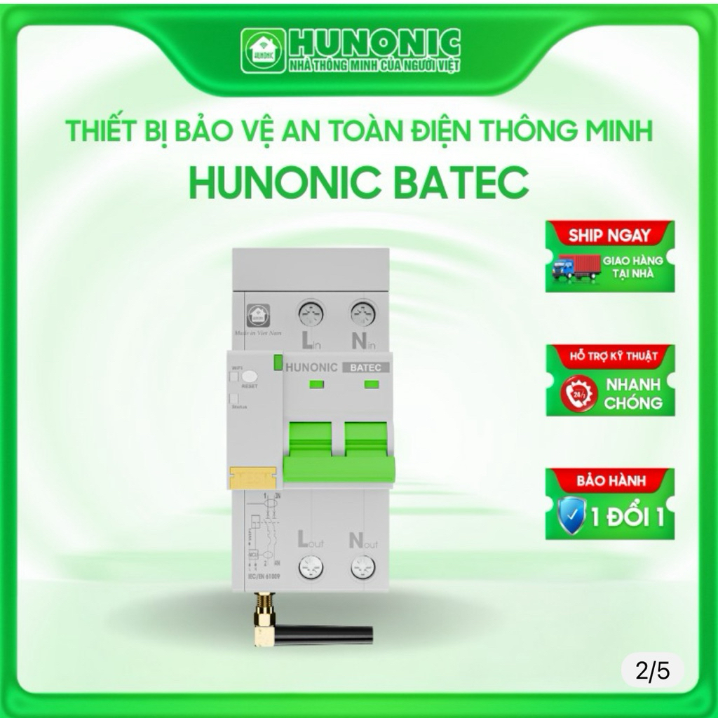 Aptomat Chống Giật Thông Minh Hunonic Batec 63A/80A – CB Chống Rò Điện, Quá Tải, Điều Khiển Wifi, Bả