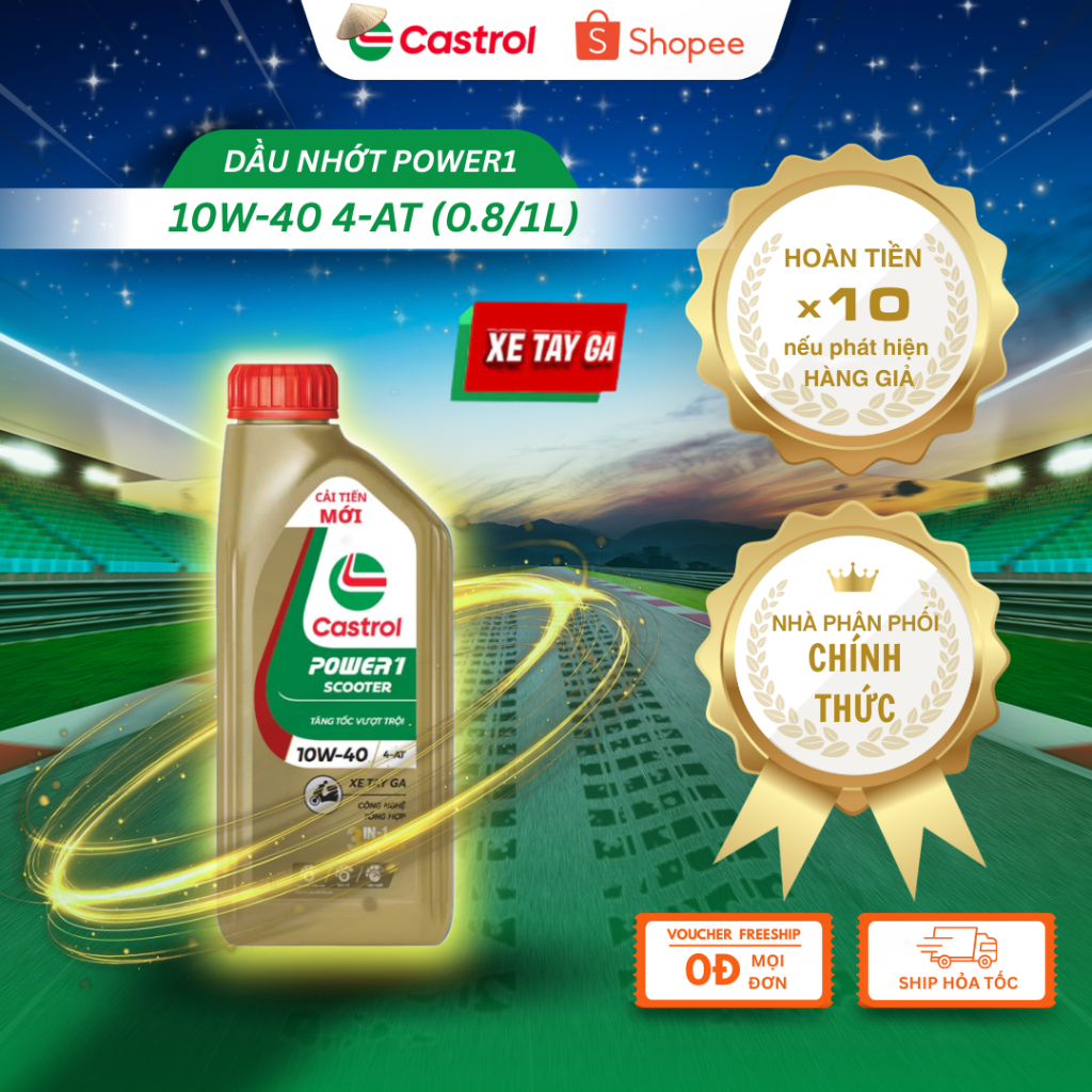 Dầu nhớt Castrol Power1 Scooter 10W40 (0.8L), Nhớt Castrol xám dành cho xe tay ga Lead, Yamaha, Janu