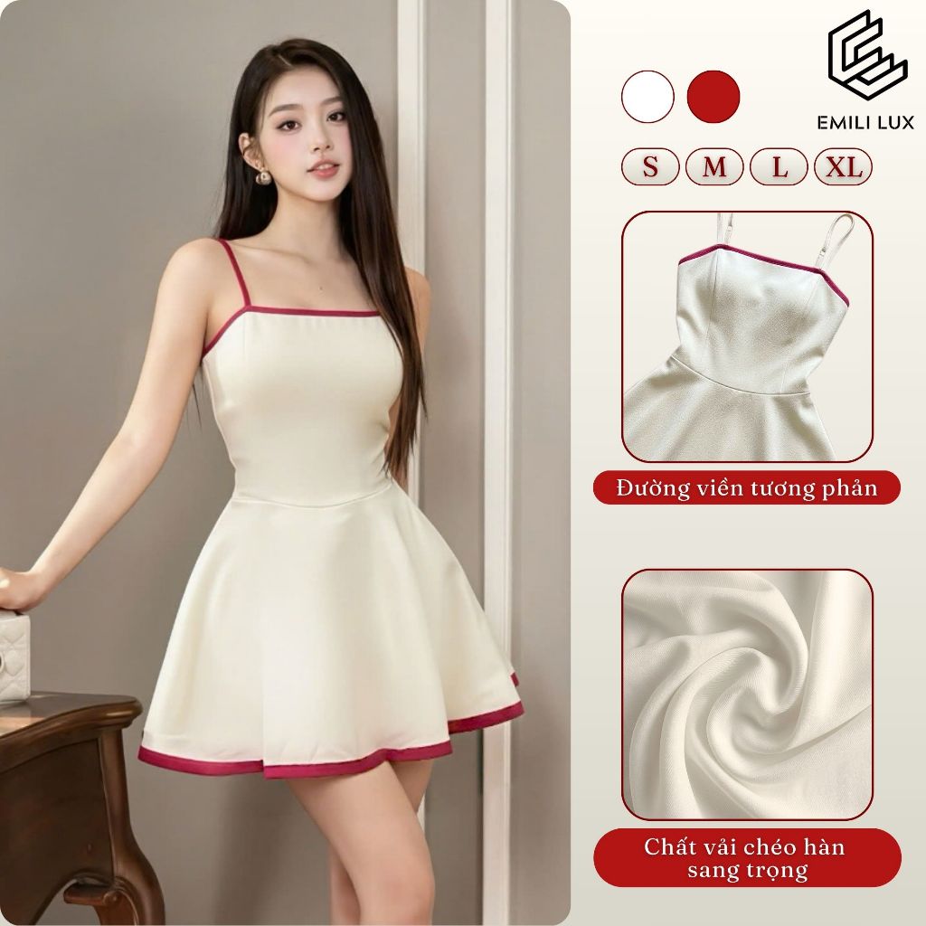Váy 2 dây viền đỏ - thời trang EMILI DESIGN - váy body ngắn dáng bồng đi biển xinh V406