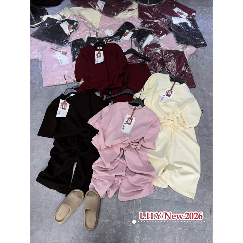 Set bộ quần dài ống rộng áo cộc tay trơn basic hàng QCCC chuẩn LHY studio