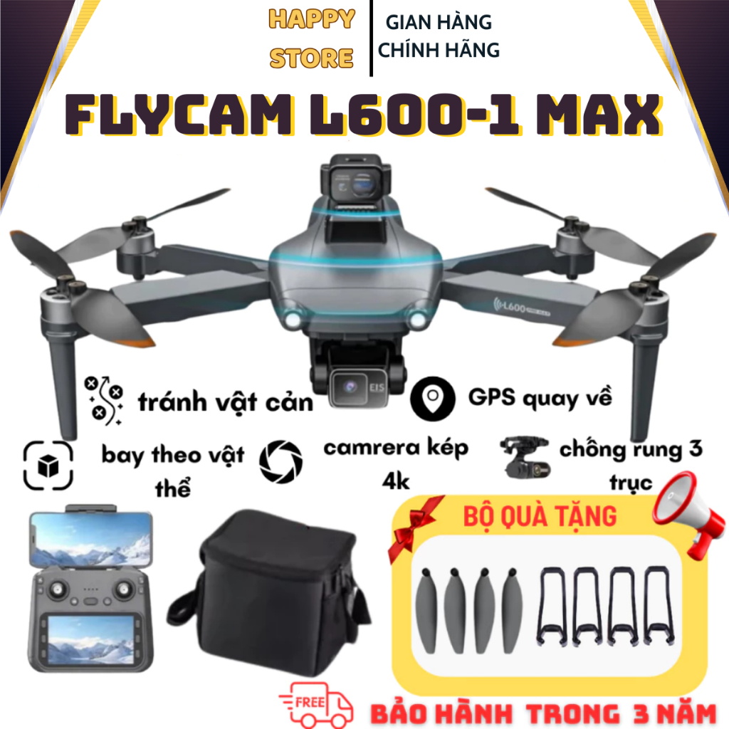Flycam L600 Promax tay cầm màn hình, camera 4K, FPV cao cấp, Cảm biến chống va chạm, Flycam