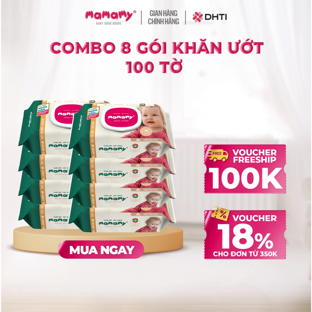 Khăn ướt cao cấp cho bé Mamamy gói 100 tờ gấp đôi ngừa hăm và rôm sẩy, mềm dai sạch sẽ