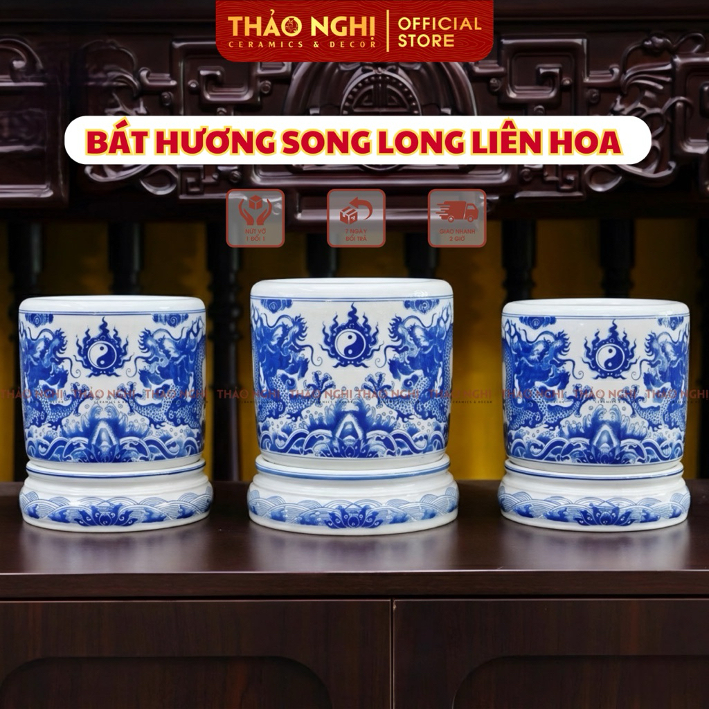 Bát Hương Rồng Họa Tiết Song Long Sứ Trắng Men Lam Cao Cấp Bát Tràng, Đồ Thờ Cao Cấp Hàng Kỹ Men Lam