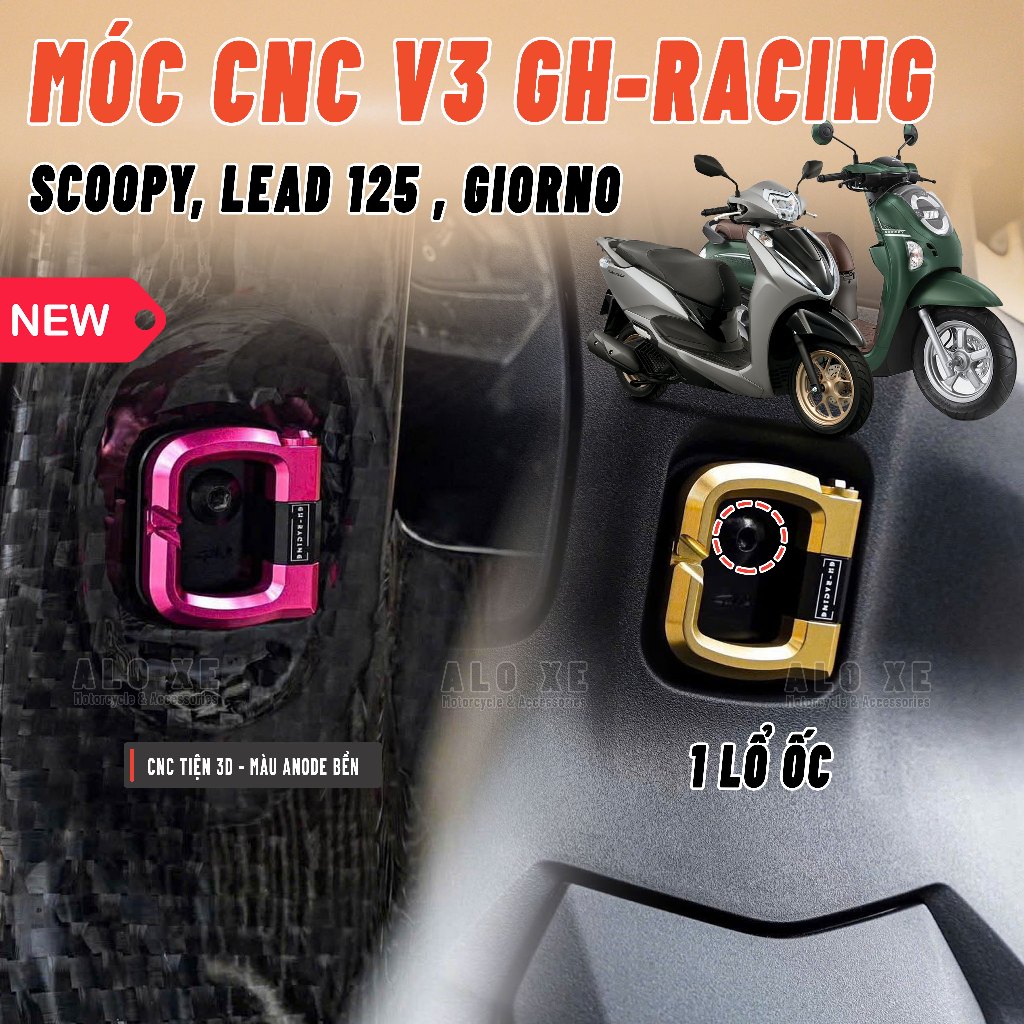 Móc treo đồ CNC V3 GH-Racing 1 lổ ốc cho xe Lead 125 ABS/CBS 2025-2026, Scoopy 2025-2026, Giorno 125