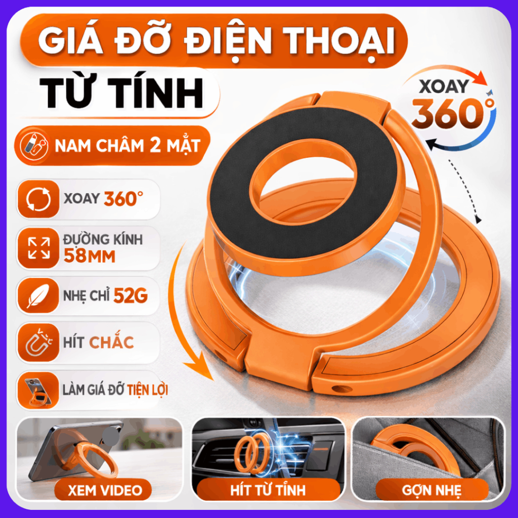 Giá Đỡ Điện Thoại Từ Tính Gắn Lưng – Nam Châm Hai Mặt, Xoay 360°, Tương Thích MagSafe_GTech