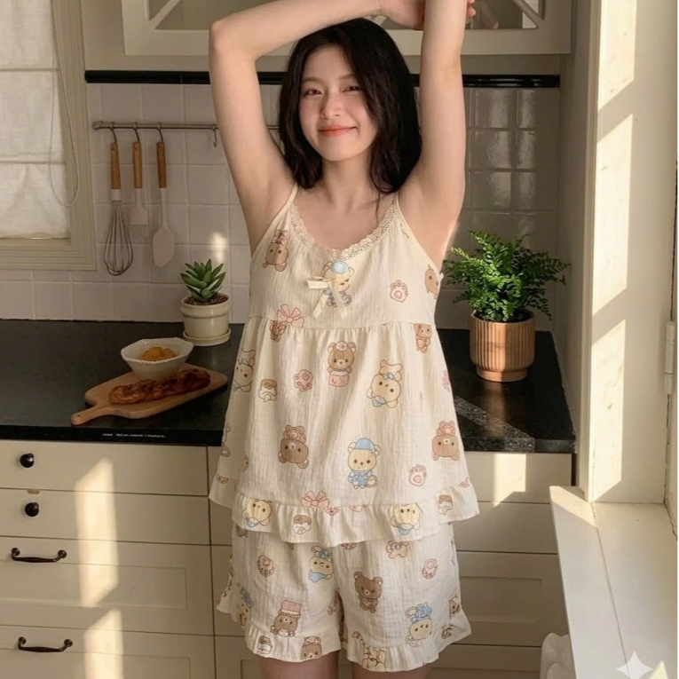 {Có Sẵn} Bộ Ngủ Cộc BN8 Gấu Đồ Ngủ Nữ Có Đệm Ngực Set Đồ Ngủ Dễ Thương Cho Nữ Đồ Ngủ Nữ, Bộ Ngủ 2 Dâ