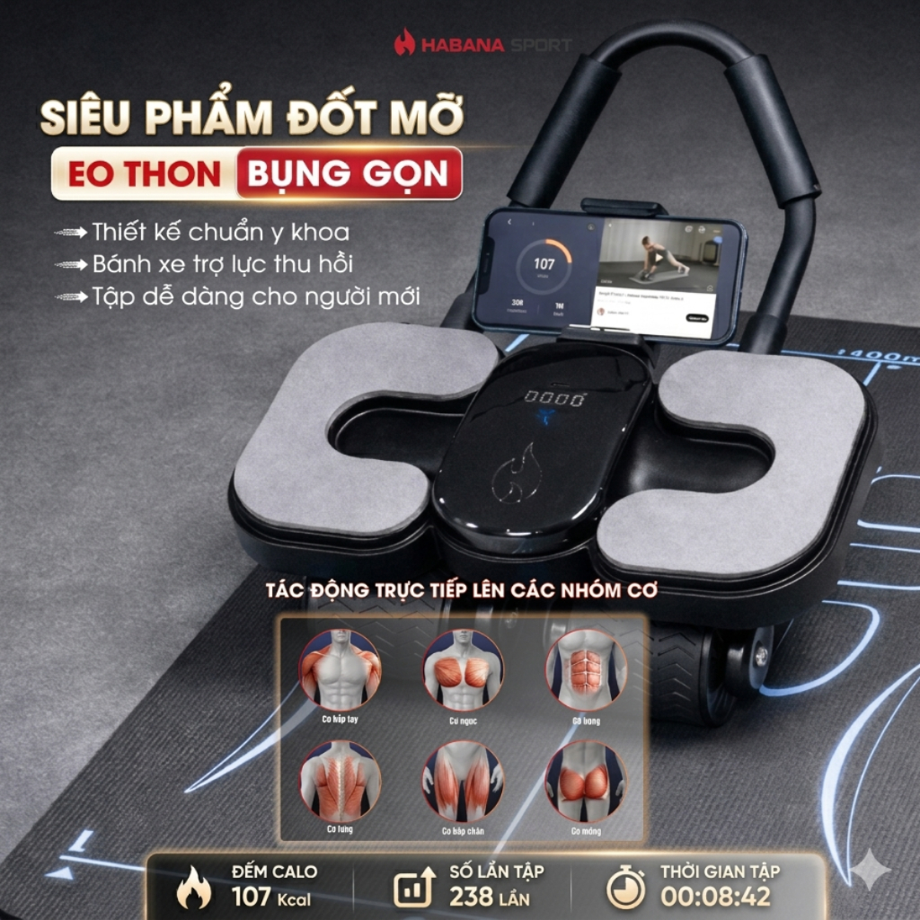 [HABANA SPORT CHÍNH HÃNG] Máy Tập Bụng Đếm Calo 4 Bánh Thông Minh 2025