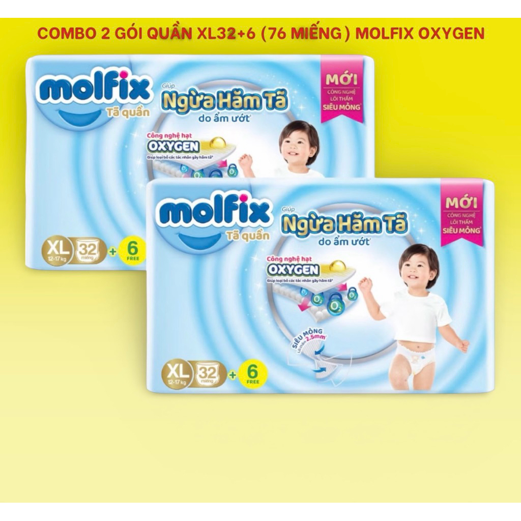 Tã Quần Molfix Ultra Plus OXYGEN Ngừa Hăm Tã M80+12 L72+12 XL64+12 XXL56+12, An toàn , Tiết kiệm