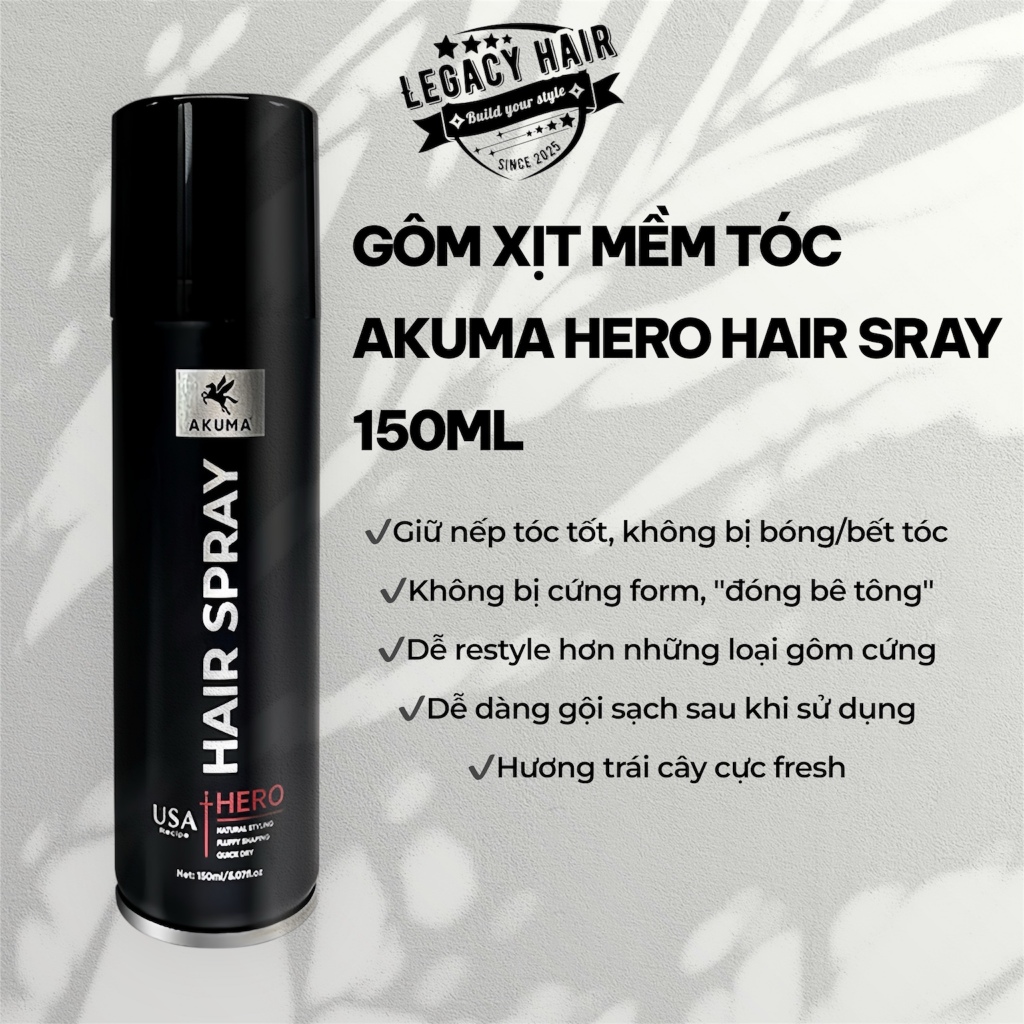 Gôm xịt mềm khóa nếp tóc Akuma Hero Hair Spray 150ml, giữ form tự nhiên